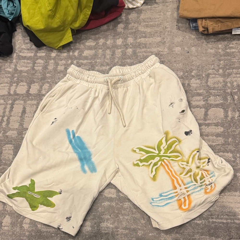 Palm Angels Cream Swim Shorts with Tropical Palm Motif